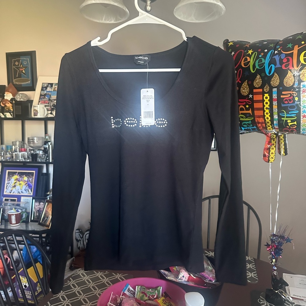 Bebe Black Rhinestone Logo Long Sleeve Tee